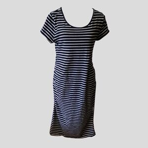 Maternity Stretch short sleeved T-Shirt Dress- Navy blue with white stripes. SzL